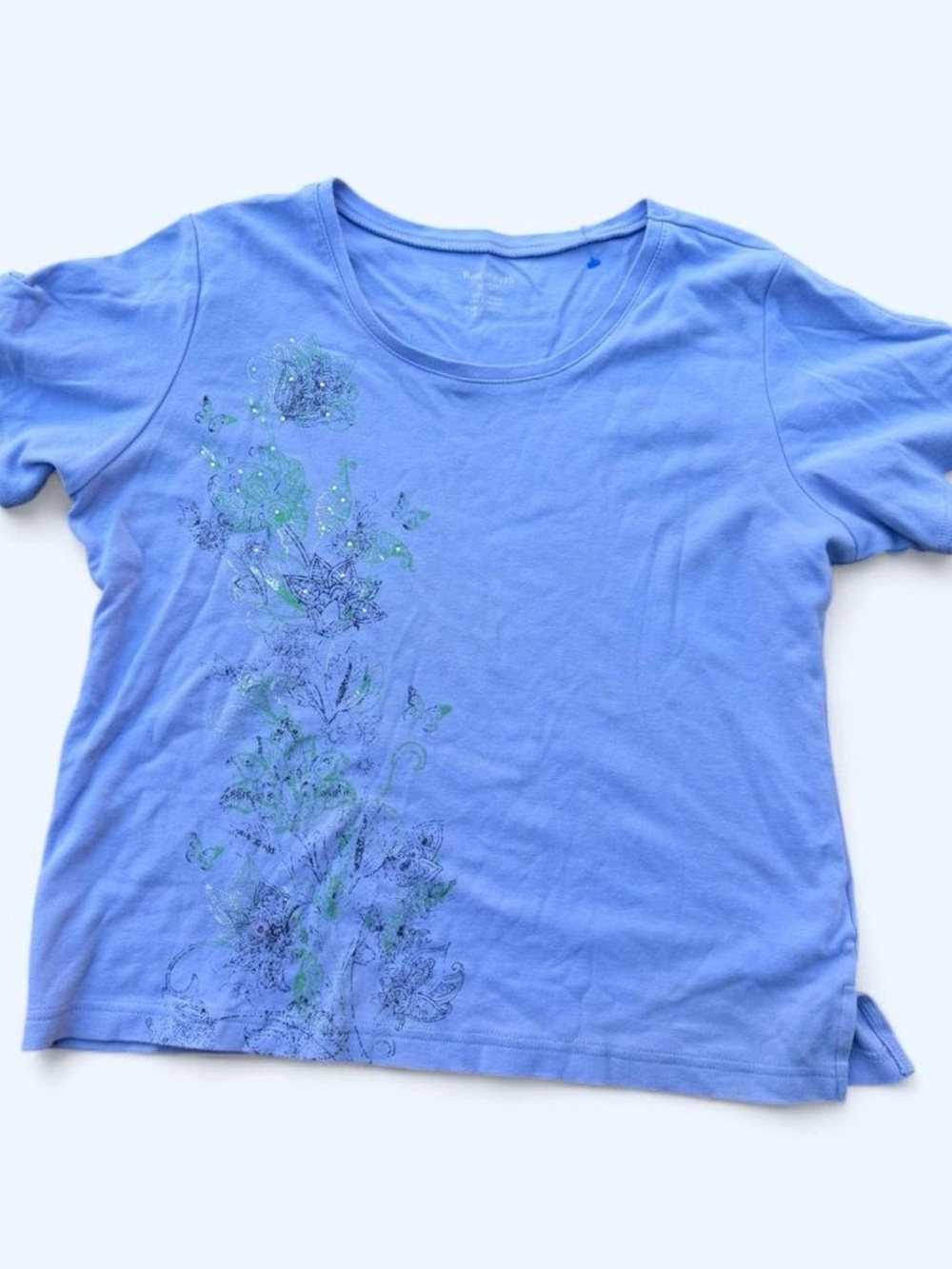 Vintage Y2K Rhinestone Glitter Floral Butterfly Tee Shirt in Periwinkle Blue